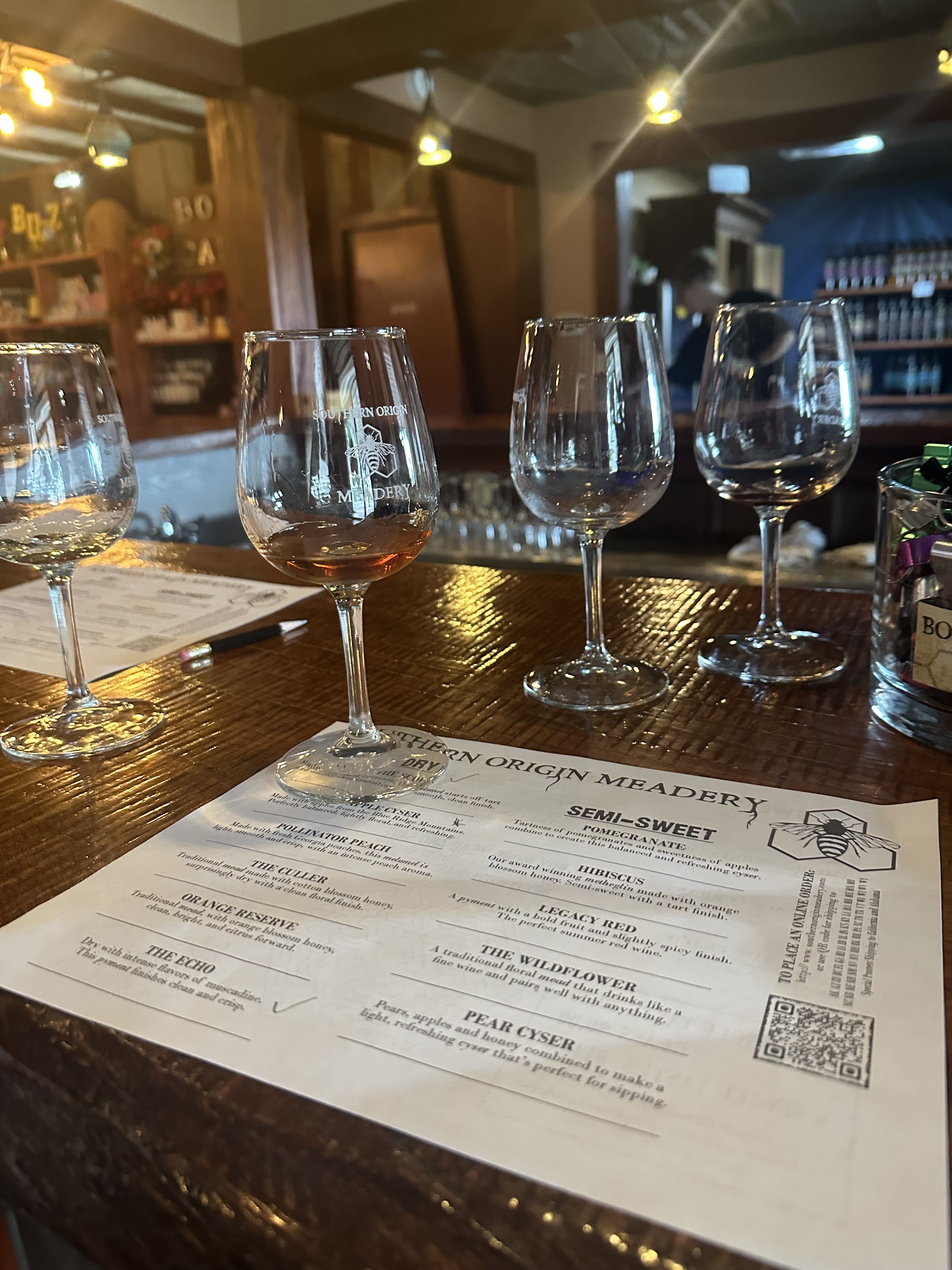 Flight of mead tasting glasses at Southern Origin Meadery